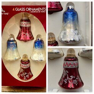 4 Vintage HOLIDAY TIME Christmas Glass Bells Ornaments Boxed Ribbon Glitter USA